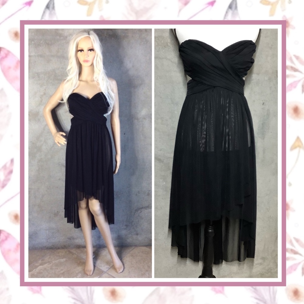 🌺 STRAPLESS DRESS HILO SHEER BLING PADDED MIDI HEART TOP HIGH LOW PETITE SMALL